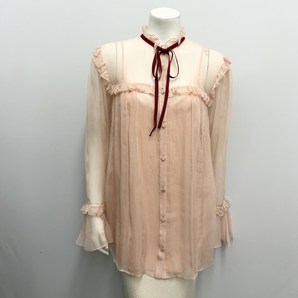 Gucci 100% Silk Chiffon Blouse Top W/ Cami Crinkled Sheer Soft Rose NWT $925 44